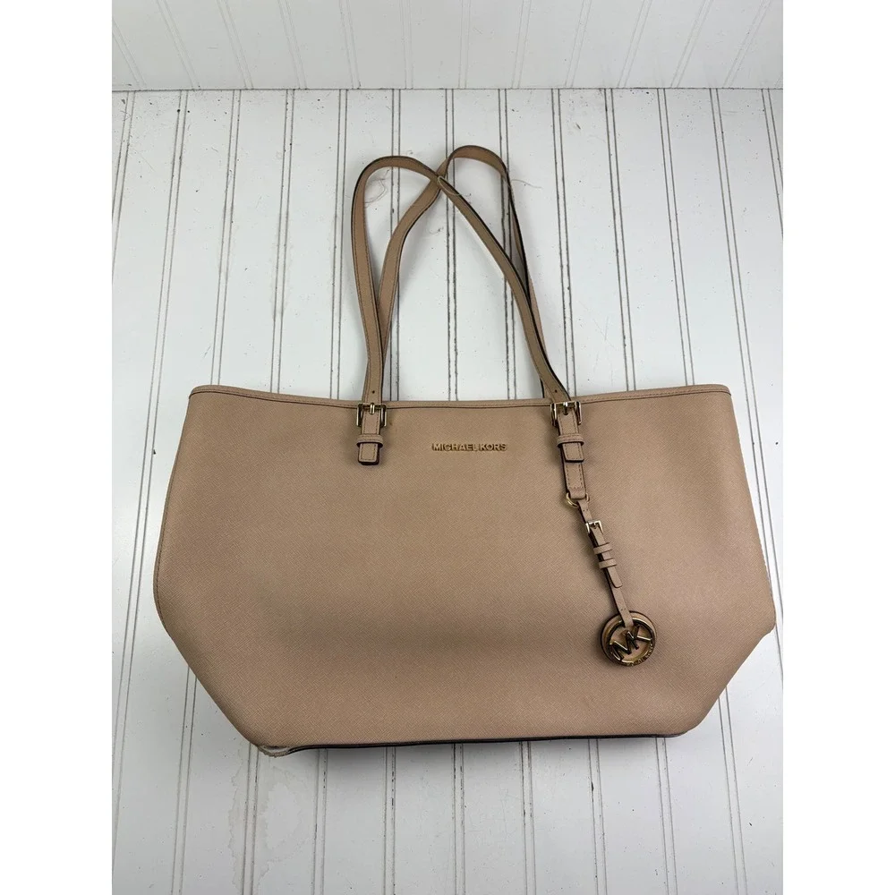 Michael Kors Vintage Jet Set Beige Saffiano Leather Tote Shoulder Bag SEE FLAW
